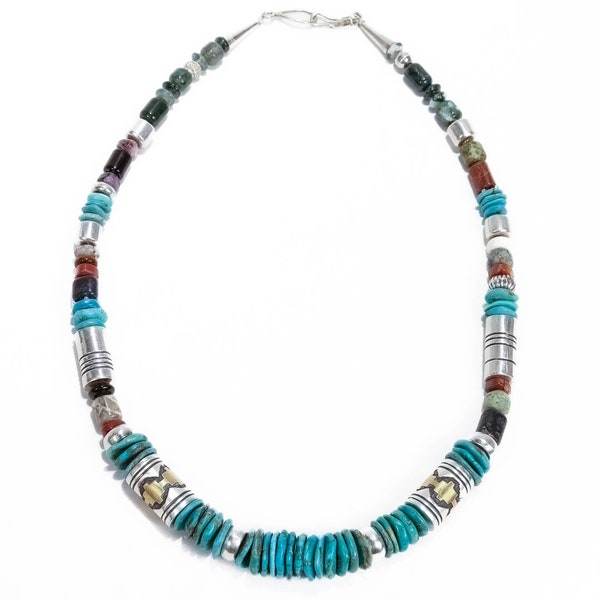 Signed Navajo Tommy Singer Sterling Silver, Turquoise & Gemstone Beaded Necklace