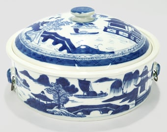 Old Round Blue & White Canton Chinese Export Porcelain Covered Tureen/Vegetable