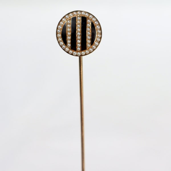 Signed Art Deco Riker Bros. 14k Gold, Enamel & Seed Pearl Hat Pin