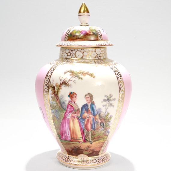 Antique Dresden Porcelain Pink Ground Lidded Urn or Covered Vase