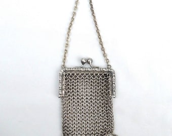Vintage German Silver Chainmail Mesh Chatelaine Mini Purse Pouch