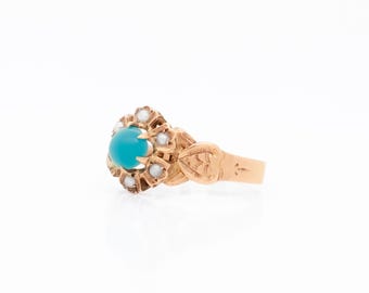 Antique Victorian Turquoise, Seed Pearl and 10k Rose Gold Ring