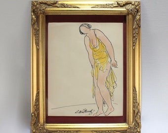 Abraham Walkowitz Ink Drawing of Ballet Dancer Isadora Duncan in Yellow