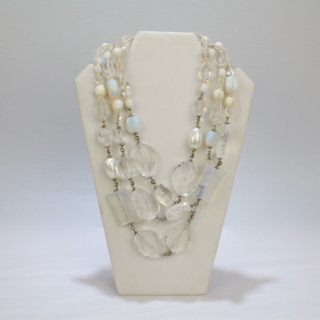 Vintage Doncaster Opaline Glass & Rock Crystal Triple Strand Costume