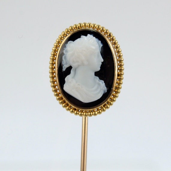 Victorian 14 Karat & Agate Carved Cameo Stickpin - image 2