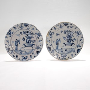 Pair of Antique 18th Century Dutch Delft Plates With Chinoiserie Decoration