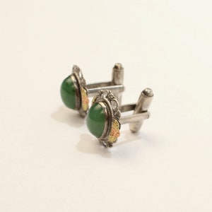 Pair of Retro Signed L S Peterson Nephrite Jade & Sterling Silver Cufflinks