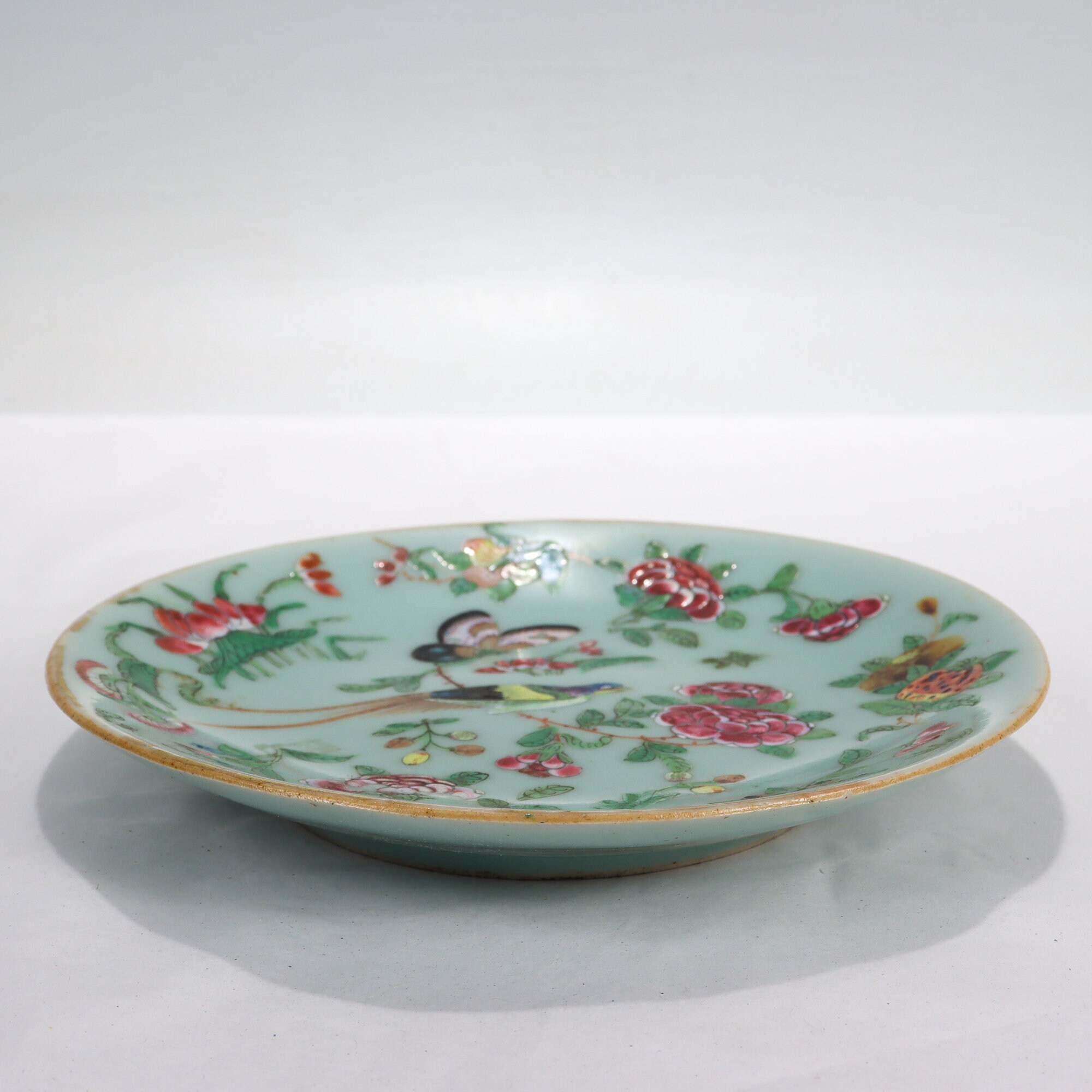 Antique Chinese Export Porcelain Celadon Plate With Butterfly