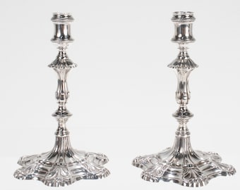 Pair of Antique George II Sterling Silver Taper Candlesticks by Ebenezer Coker
