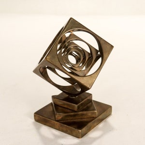 Midcentury Geometric Machined Bronze Turner's Cube Desk Paperweight / Sculpture