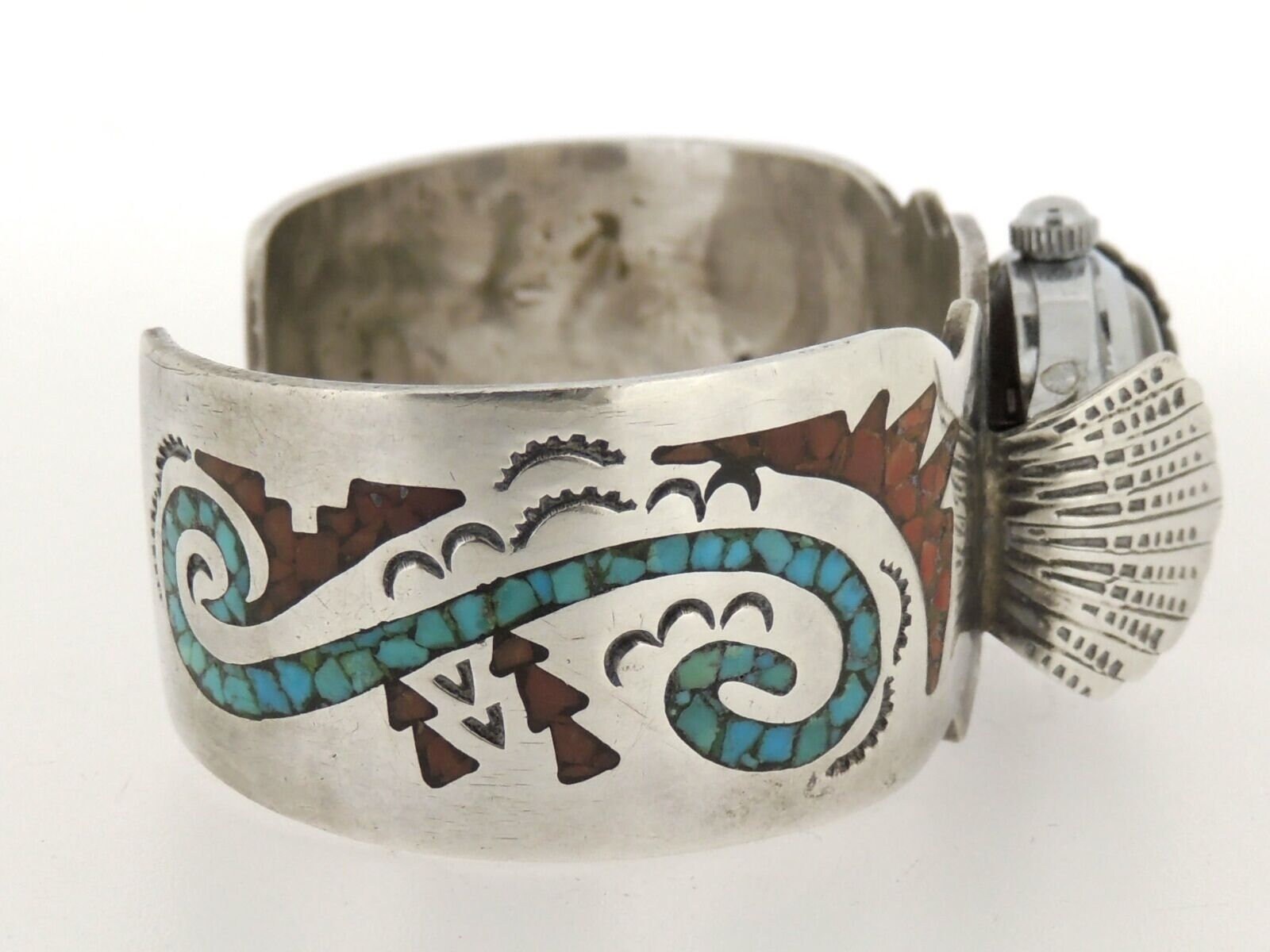 Signed Old Pawn Navajo Sterling Silver Turquoise Coral Cuff Watch ...
