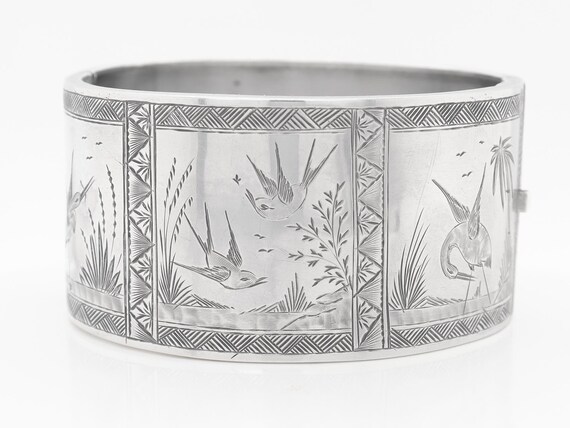English Victorian Aesthetic Sterling Silver Bangle Bracelet with Scenes of Birds (for Aiden Only)