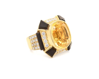Vintage 18K Yellow Gold, Citrine, Onyx, and Diamond Cocktail Ring