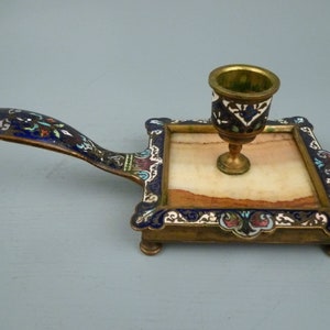 Antique French Bronze & Marble Champleve Chamberstick Candlestick Holder