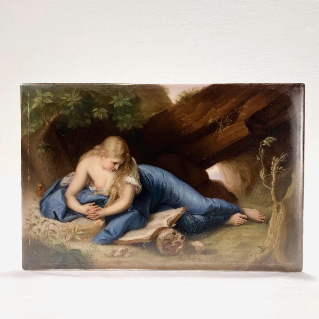 Antique Porcelain Plaque of the Reclining Mary Magdalene Reading