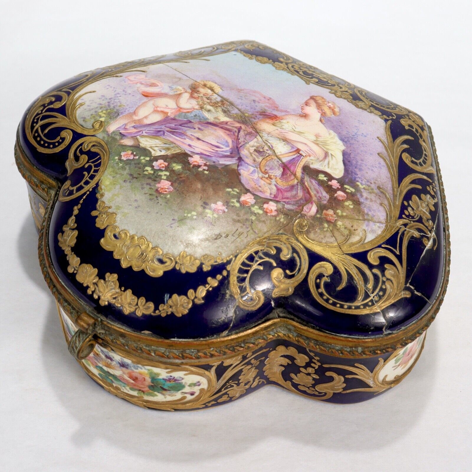 Antique Signed Sevres Type Porcelain Cobalt Ground Hand Painted