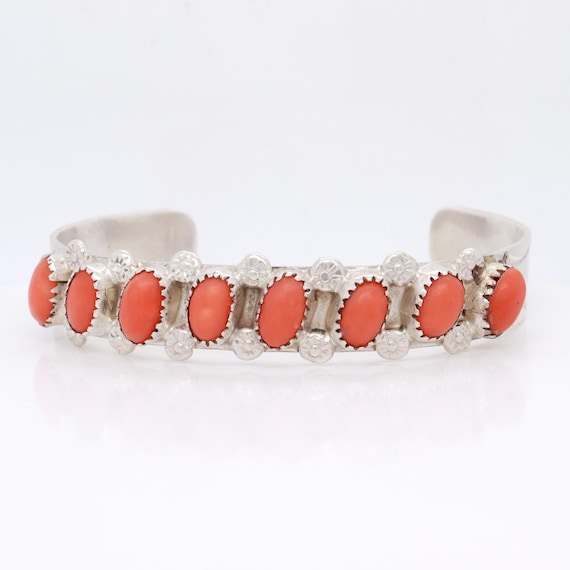 Signed PD Coonsis Zuni Silver & Coral Cabochon Cuff Bracelet - Etsy