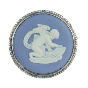 Vintage Wedgwood Blue Jasperware Silver Cameo Brooch or Pin - Cupid