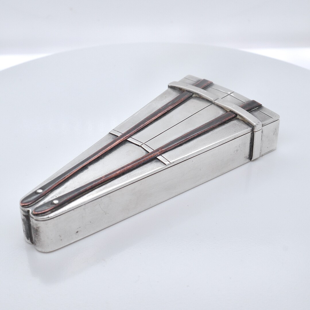 Signed Japanese Fan Shaped Mixed Metals / Silver Box Okimono by