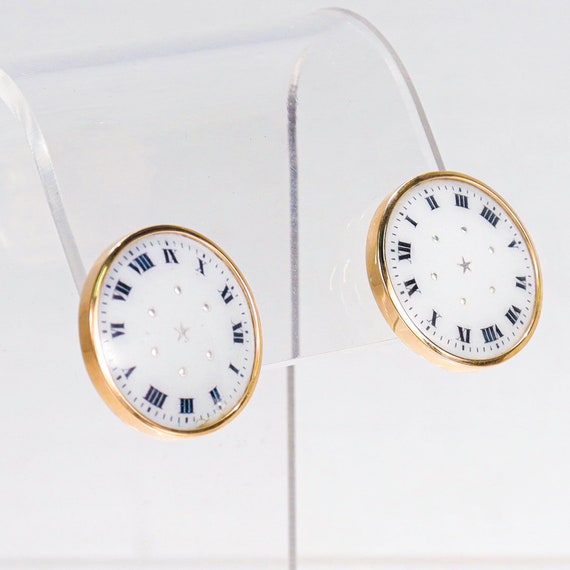 Pair of 14k Gold & Enamel Clockface Stud Earrings - image 7