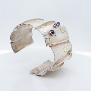 Modernist Silver, Gold, & Amethyst Cuff Bracelet Attributed to Enid Kaplan