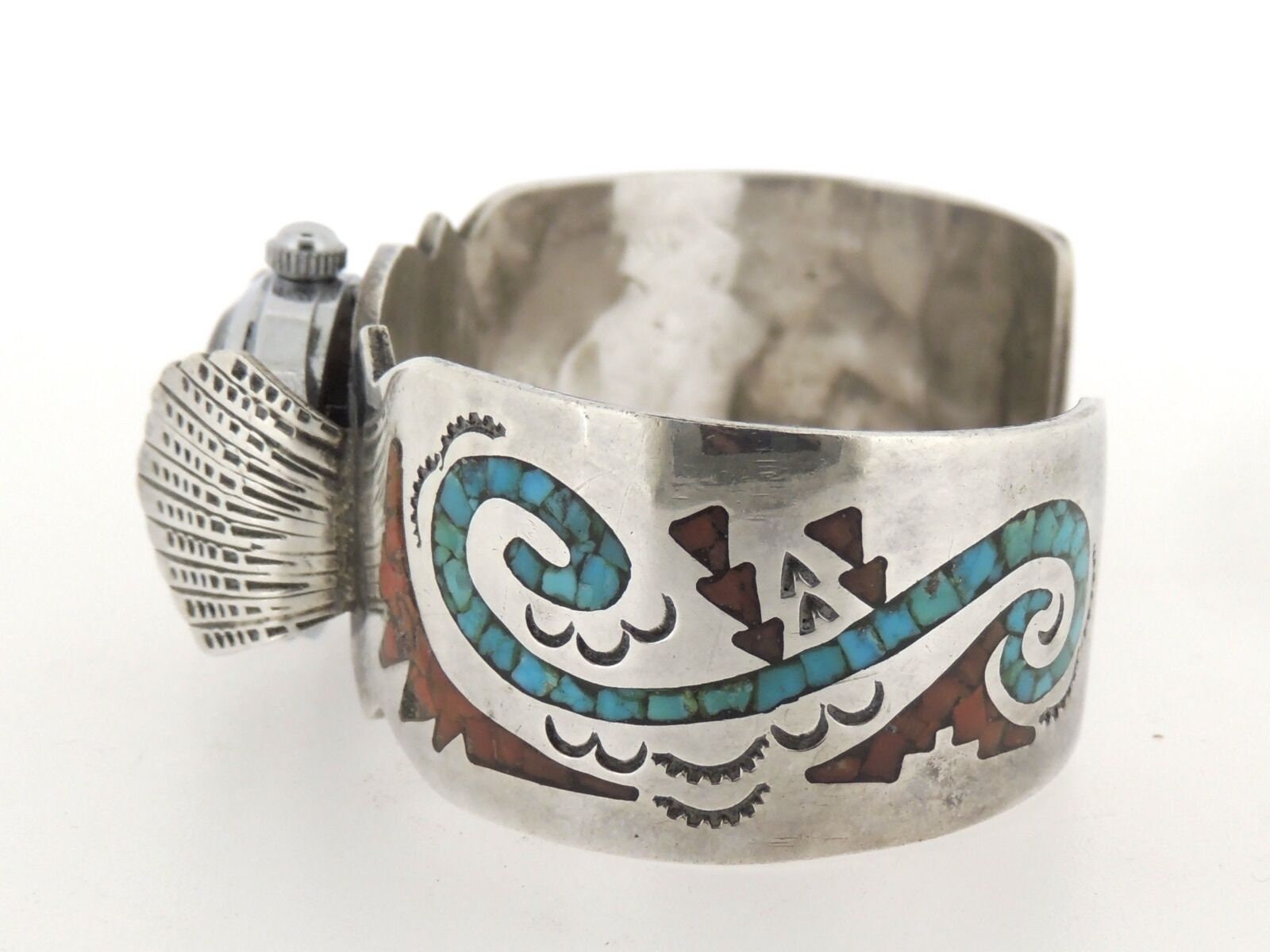 Signed Old Pawn Navajo Sterling Silver Turquoise Coral Cuff Watch ...
