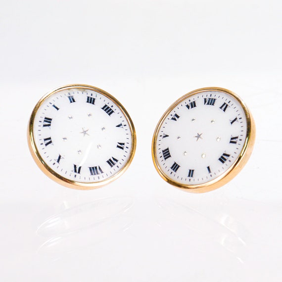 Pair of 14k Gold & Enamel Clockface Stud Earrings - image 1