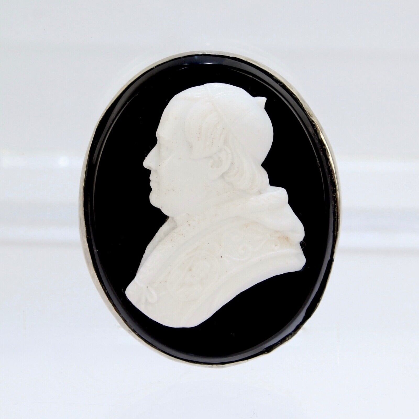 Antique 19th C Silver & Glass Cameo Pin or Brooch of Pope Pius IX - Catholic