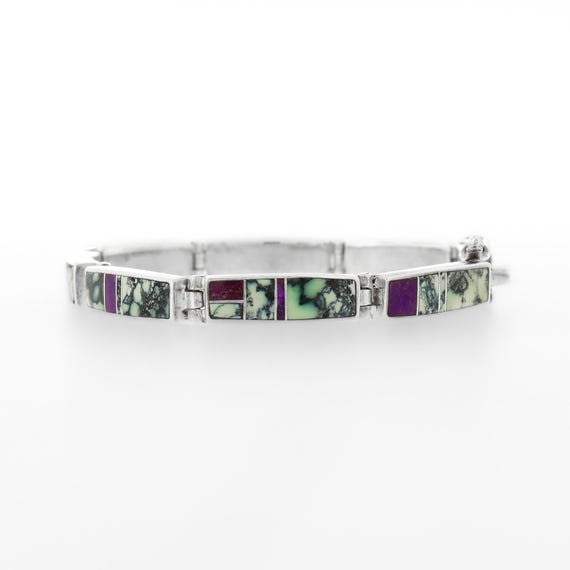Signed Supersmith Inc. Sterling Silver, Turquoise & Sugilite Inlay Link Bracelet