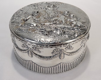 Antique Signed German Figural Neoclassical Silver Table Dresser Box or Casket