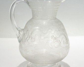 Antique Kny Attributed Stourbridge Engraved Glass Pitcher with Chinese Dragons