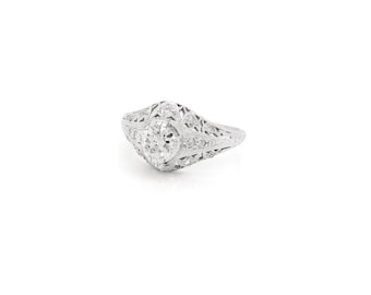 Antique Art Deco Platinum Filigree Old European Cut Diamond Solitaire Ring