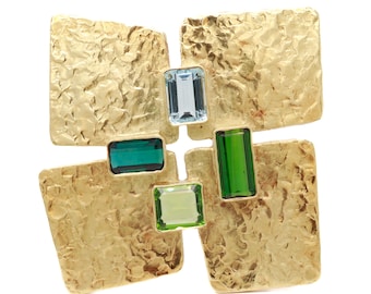 Vintage Ed Wiener 18K Gold, Peridot, Tourmaline, & Aquamarine Modernist Brooch