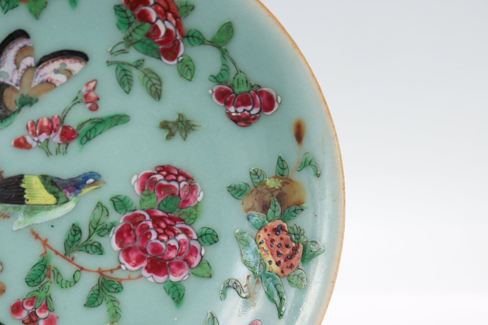 Antique Chinese Export Porcelain Celadon Plate With Butterfly