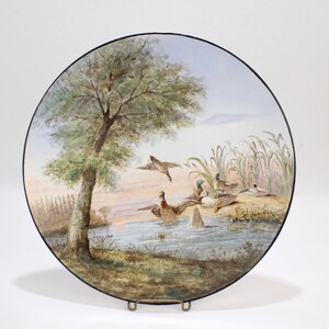 19C Signed Hand Painted French Majolica Pottery Plaque of Moindrot Ducks