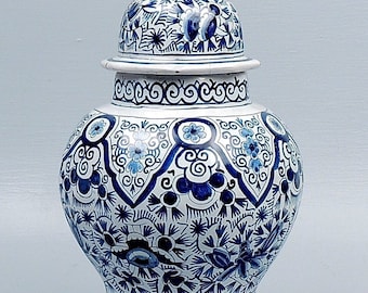 Antiguo siglo 18 De Porceleyne Clauw holandés Delft tarro de tabaco con tapa