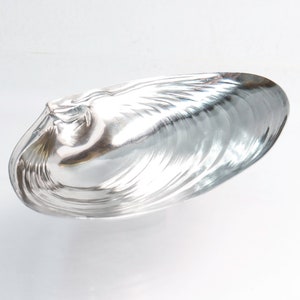 May include: A silver clam shell dish with a smooth, reflective surface. The shell is detailed with realistic ridges and curves.