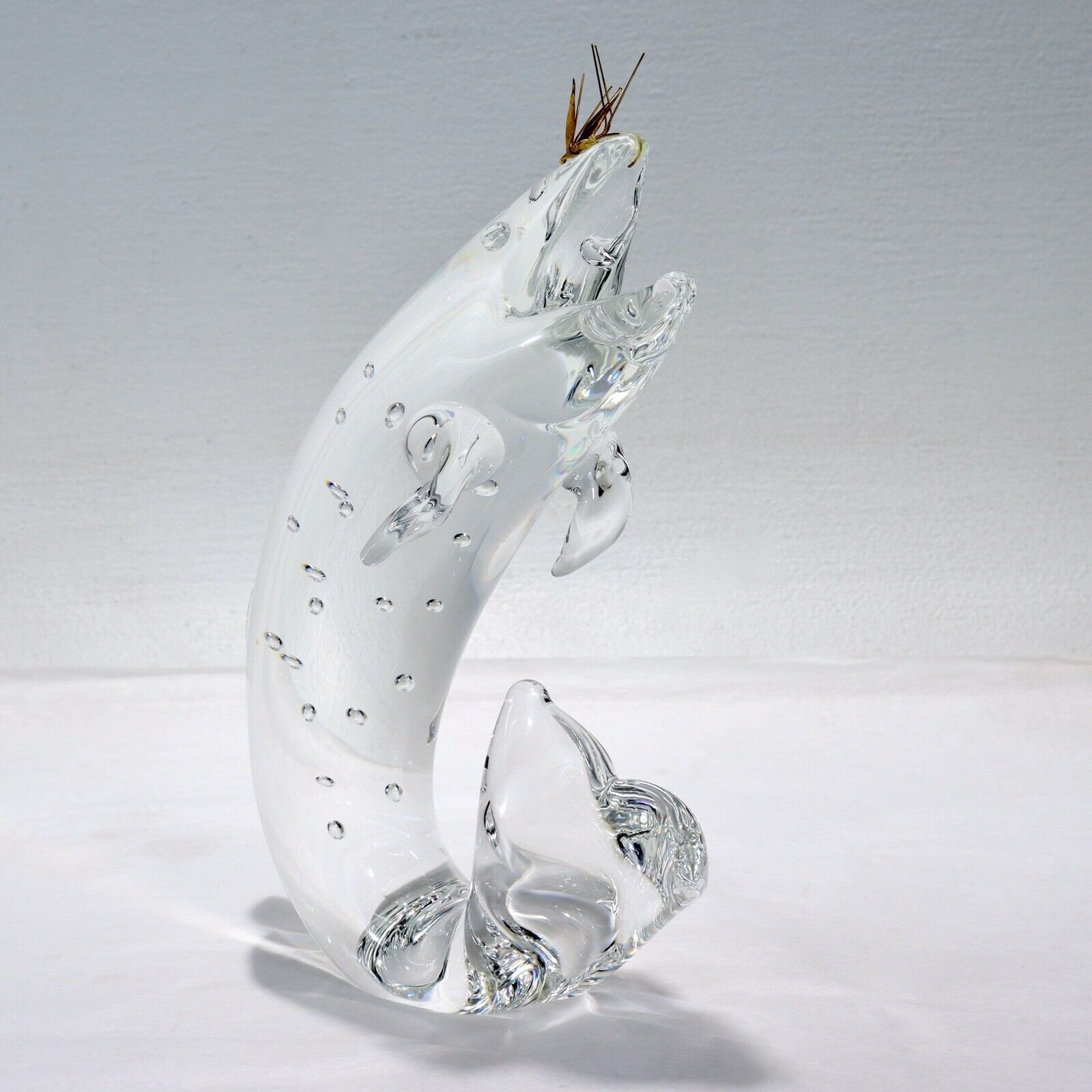 Large Steuben Art Glass Figurine of a Trout & 18k Gold Fly by