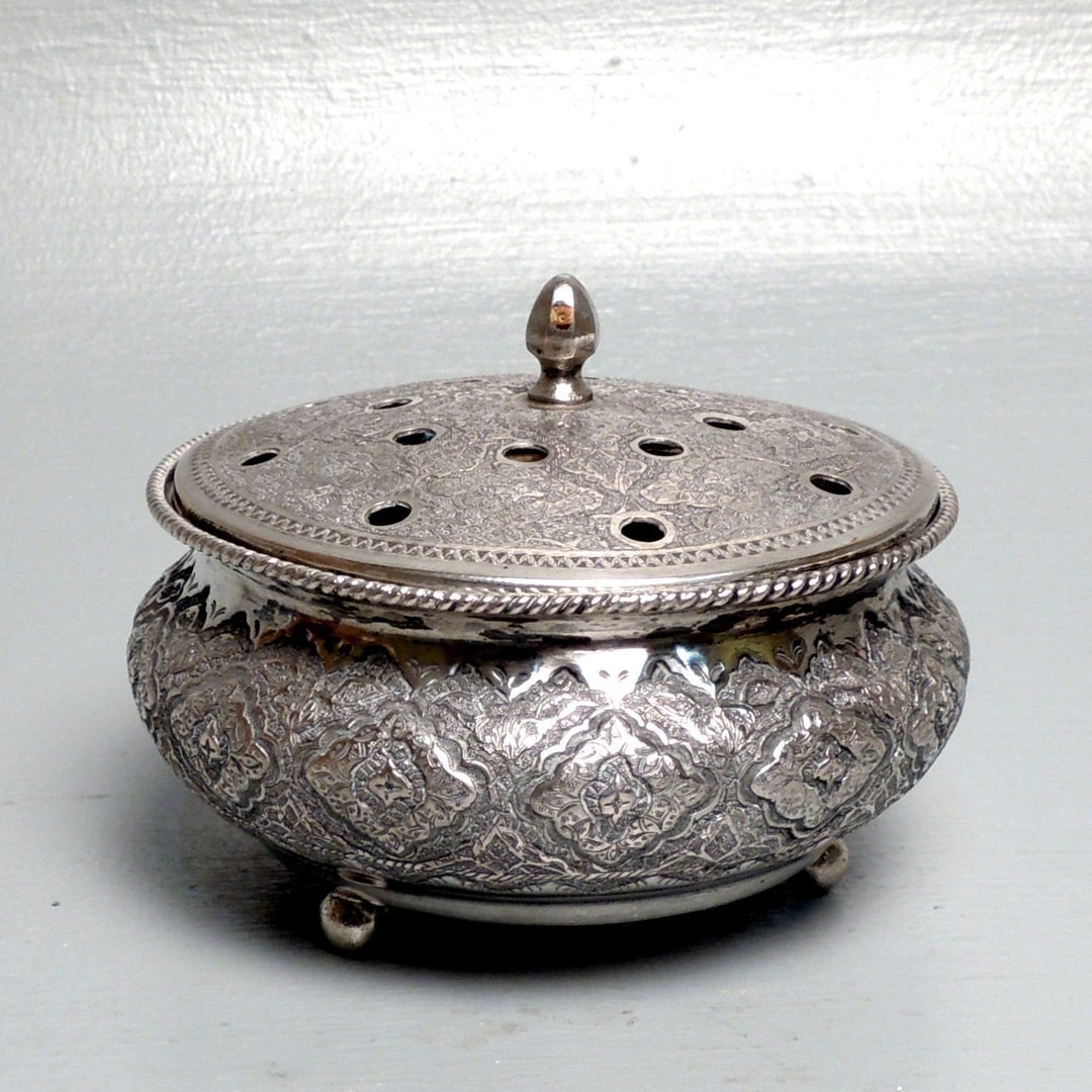 Old Persian or Egyptian Solid Silver Covered Potpourri Bowl Middle