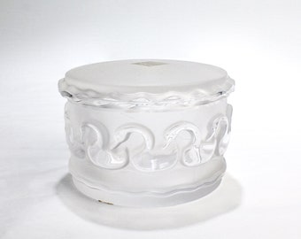 Labeled Lalique Crystal Swans Covered Box - Dresser Vanity Glass