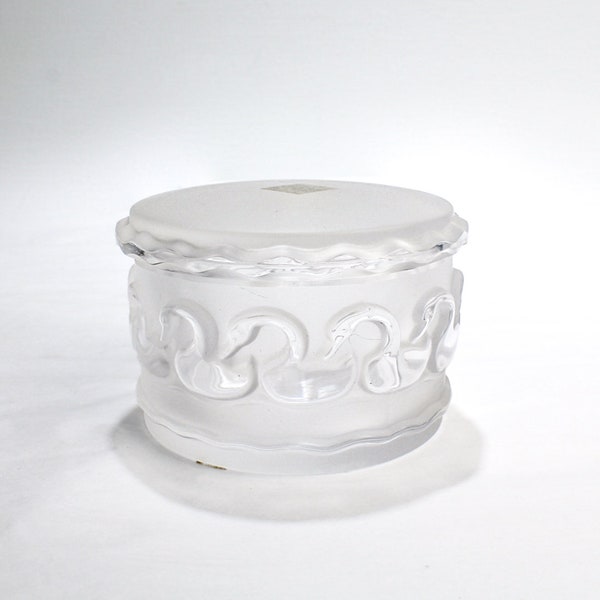 Labeled Lalique Crystal Swans Covered Box - Dresser Vanity Glass