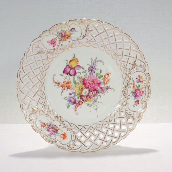 Antique Reticulated Dresden Porcelain Cabinet Plate with Deutsche Blumen