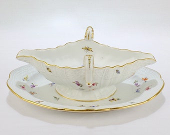 マイセン c1817 花柄絵付けグレイビーソースボート（アンダープレート