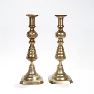 Pair of Large Antique English Brass Beehive Candlesticks