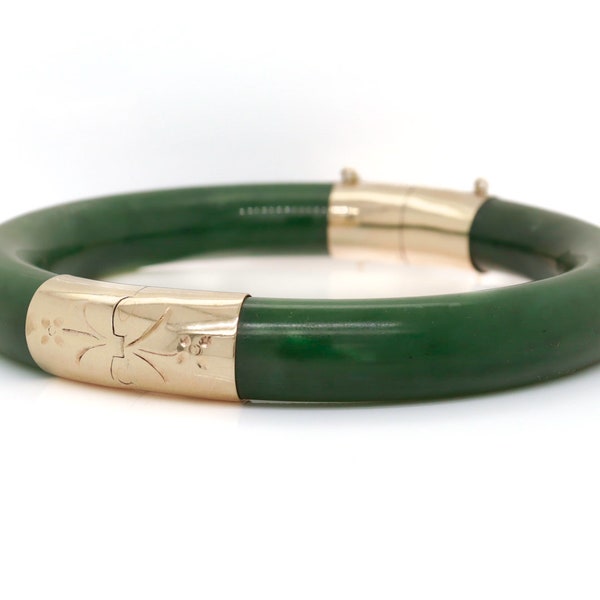 Vintage Chinese 14K Gold & Carved Jade Bangle Bracelet