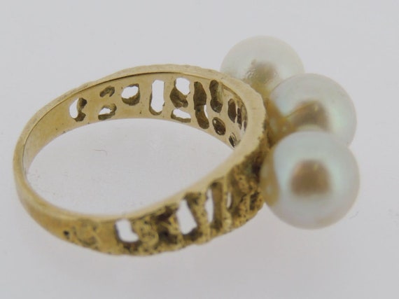 Vintage Modernist 14k Yellow Gold Three Pearl Coc… - image 10