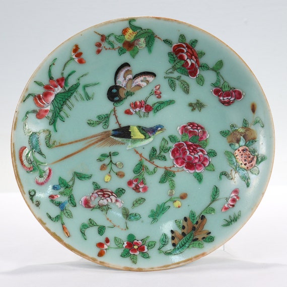 Antique Chinese Export Porcelain Celadon Plate With Butterfly