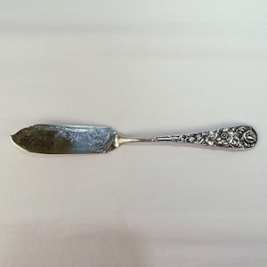 Könnte beinhalten: Ein silbernes Buttermesser mit einem verzierten Blumendesign am Griff.