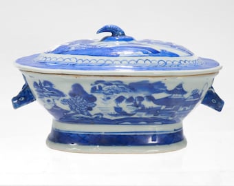 Antique Blue & White Canton Chinese Export Porcelain Miniature Sauce Tureen