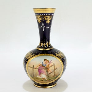 Signed Antique Royal Vienna Style Porcelain Gilt & Hand Painted Cobalt Blue Vase